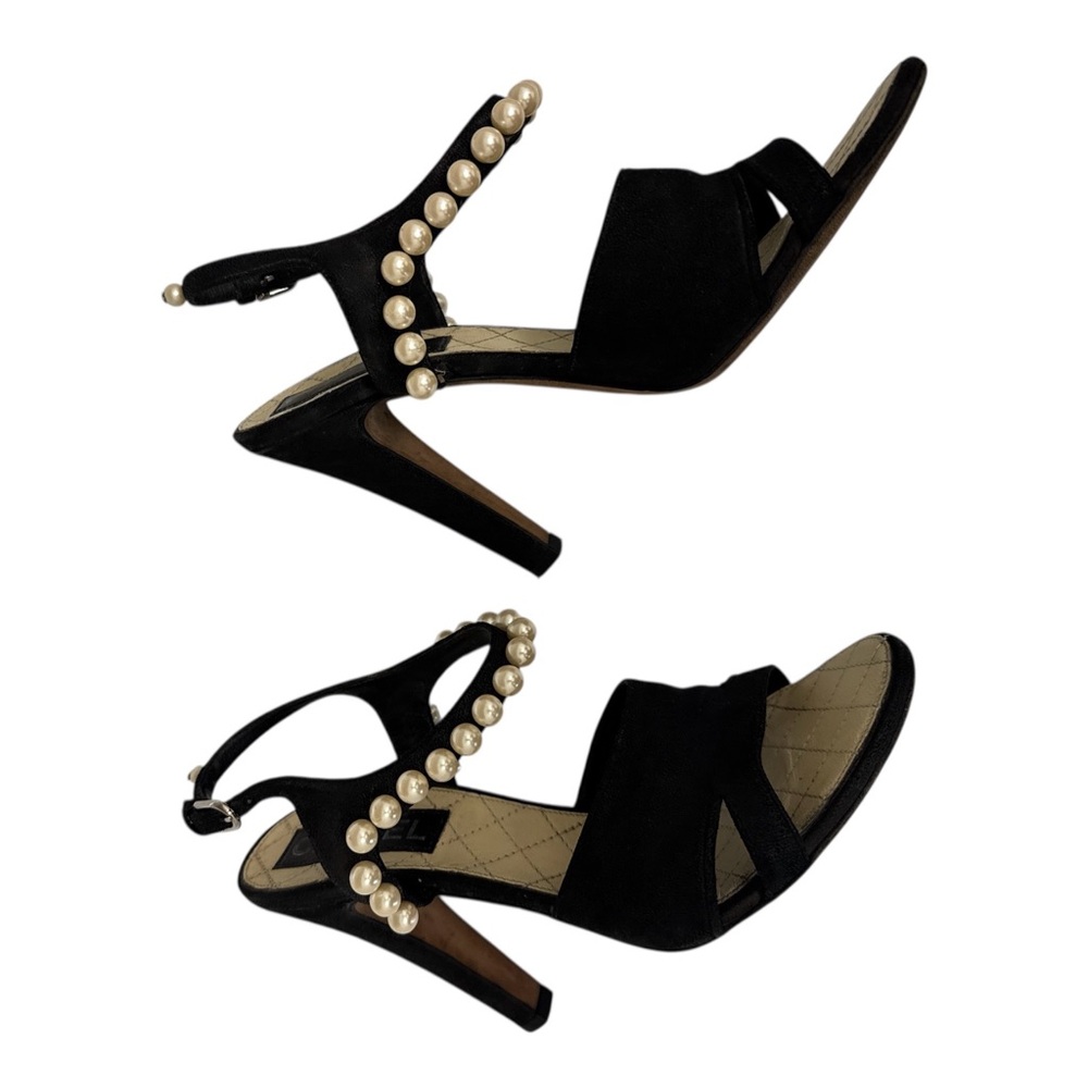 CHANEL‎ Black Satin Pearl Embellished Sandal Heels Women’s Size 40 Elegant Shoes - Picture 5 of 10